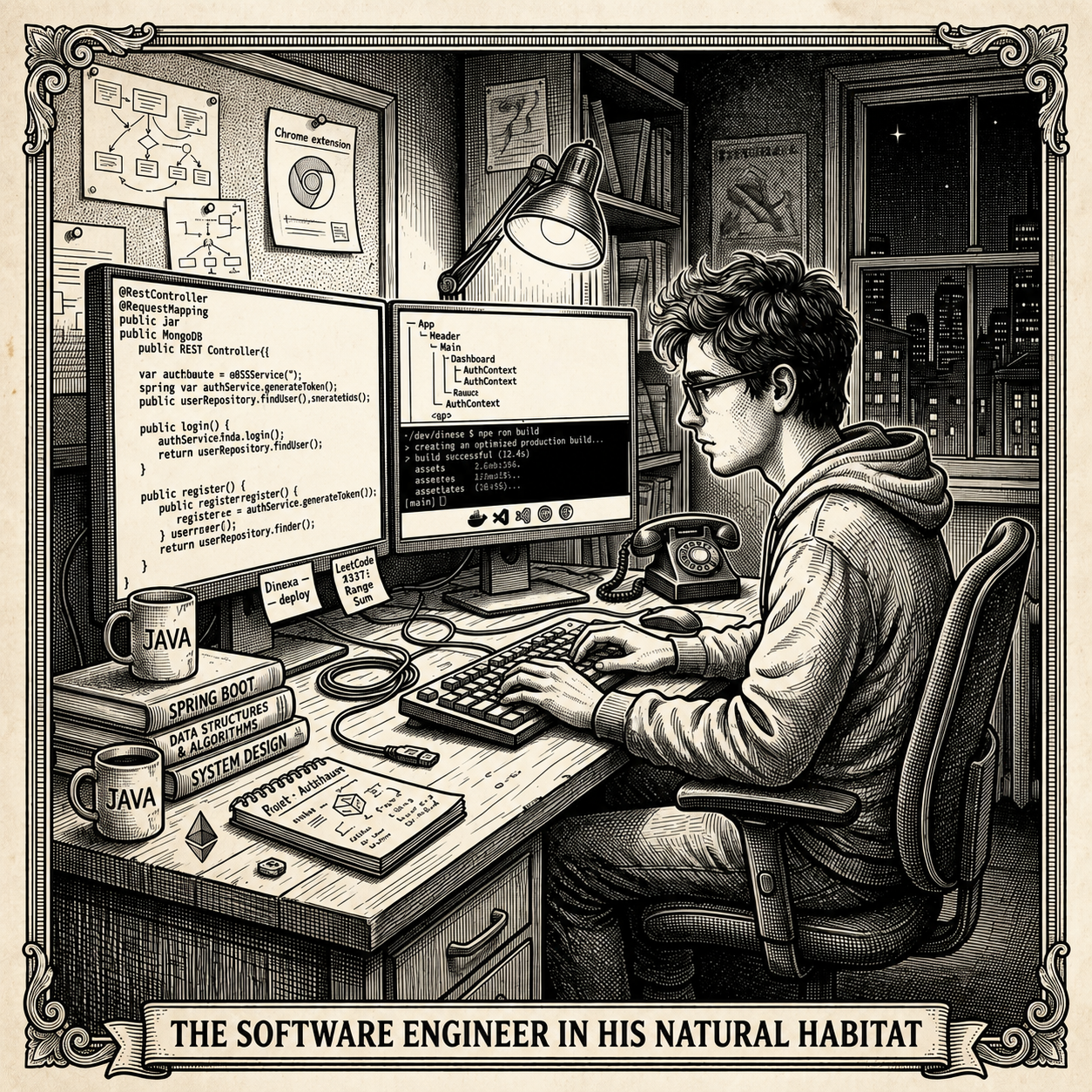 Vintage ink sketch illustration of Mihir Rathod coding at his terminal